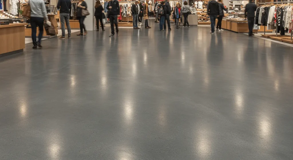 How does concrete perform in high-traffic commercial spaces